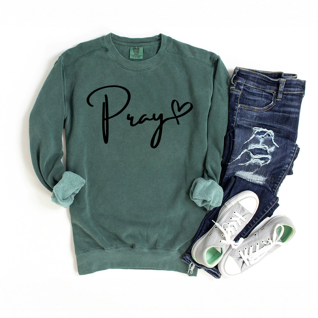 Pray Cursive Heart | Garment Dyed Sweatshirt
