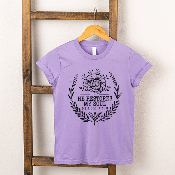 He Restores My Soul Distressed Youth Short Sleeve Crew