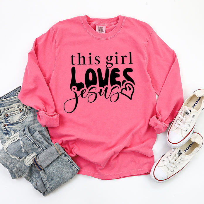 This Girl Loves Jesus Heart | Garment Dyed Long Sleeve