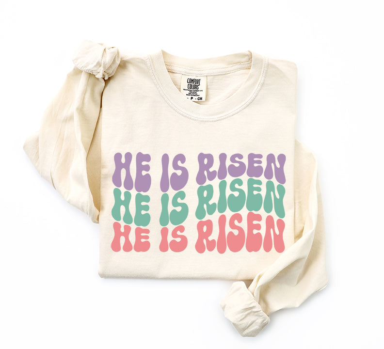 He Is Risen Stacked Wavy Colorful | Garment Dyed Long Sleeve