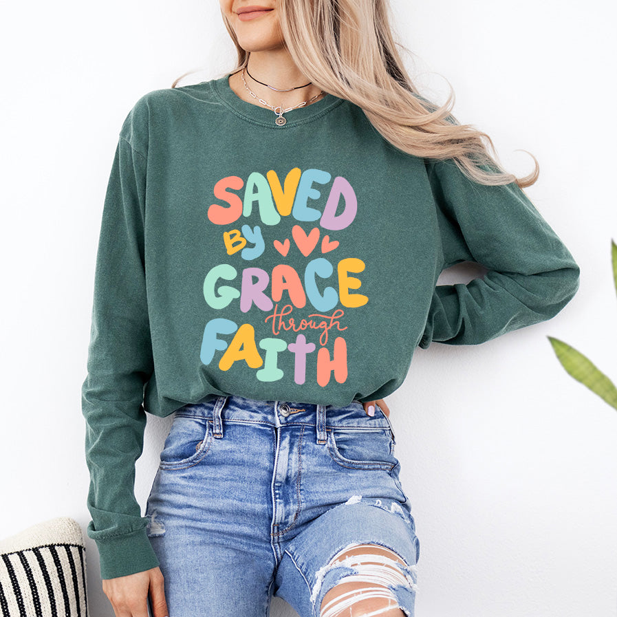 Saved By Grace Hearts | Garment Dyed Long Sleeve