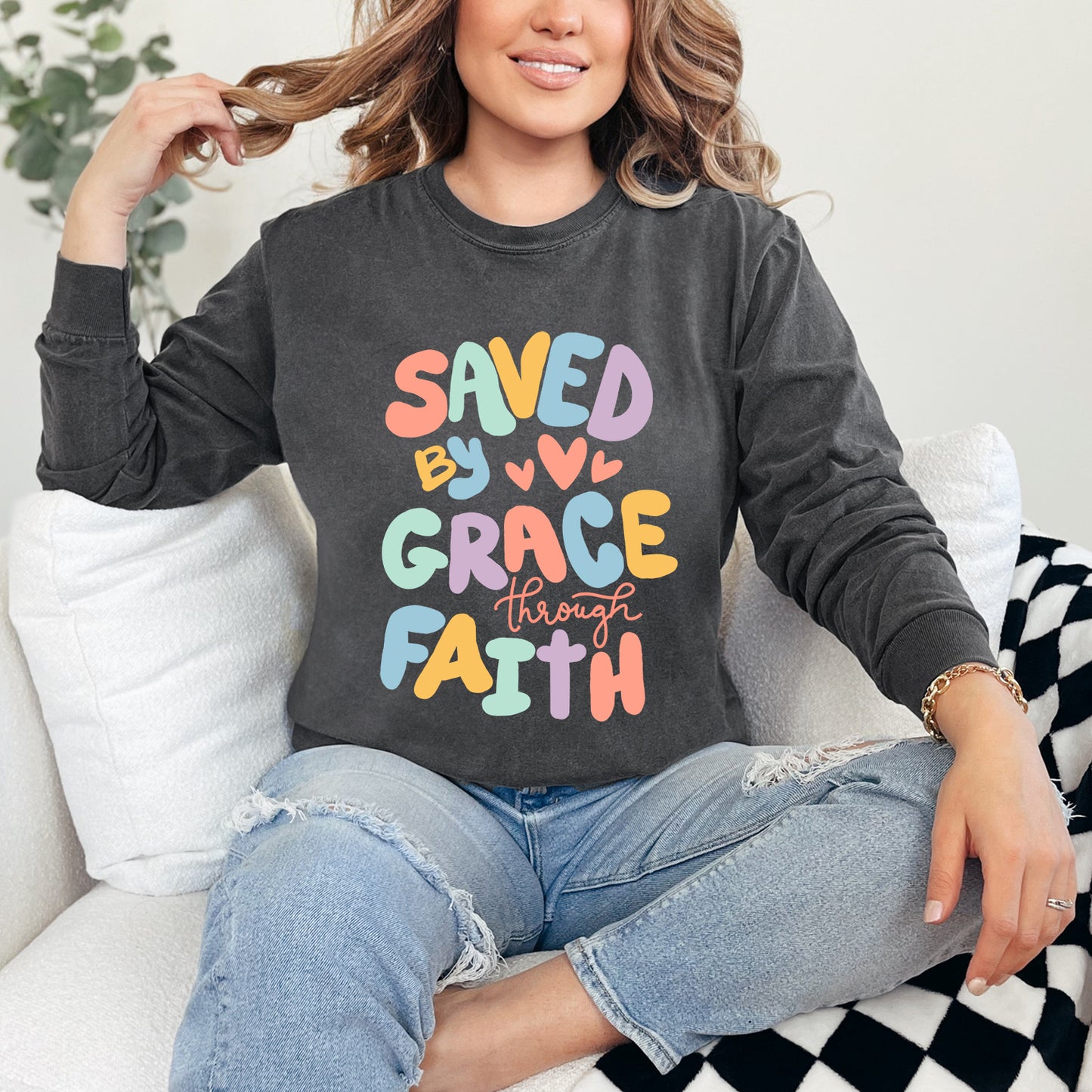 Saved By Grace Hearts | Garment Dyed Long Sleeve