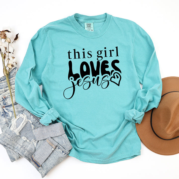 This Girl Loves Jesus Heart | Garment Dyed Long Sleeve