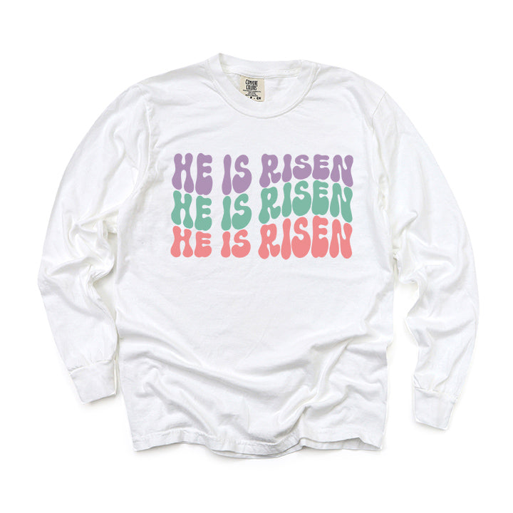 He Is Risen Stacked Wavy Colorful | Garment Dyed Long Sleeve