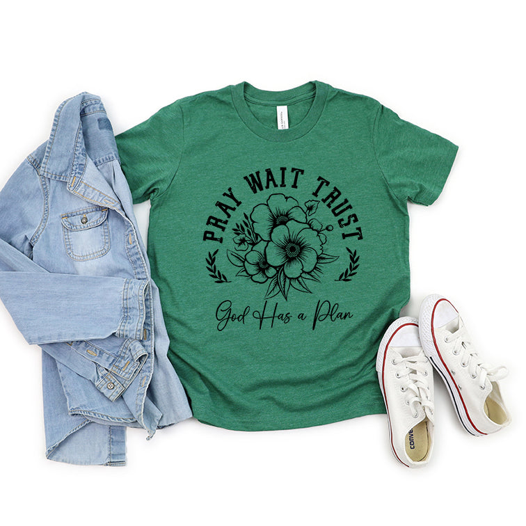 Pray Wait Trust Flowers Youth Short Sleeve Crew