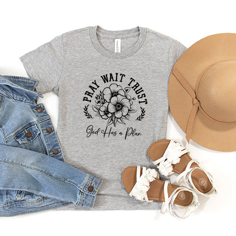 Pray Wait Trust Flowers Youth Short Sleeve Crew