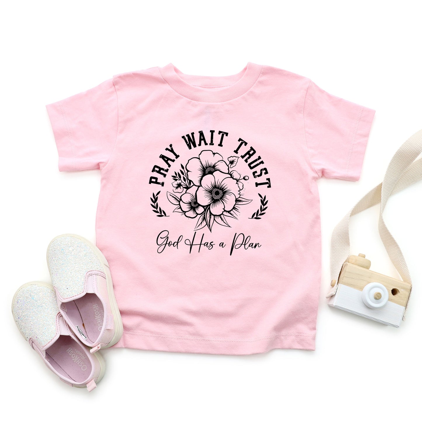 Pray Wait Trust Flowers Youth Short Sleeve Crew