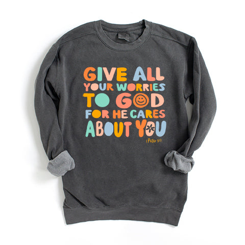 Give All Worries To God Smiley | Garment Dyed Sweatshirt
