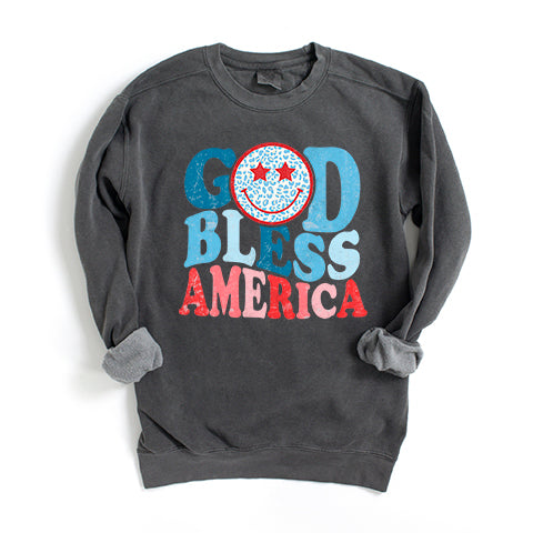 God Bless America Smiley | Garment Dyed Sweatshirt