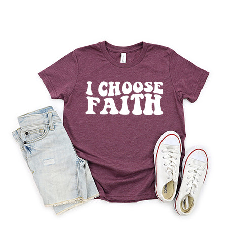 Retro I Choose Faith Wavy | Youth Short Sleeve Crew