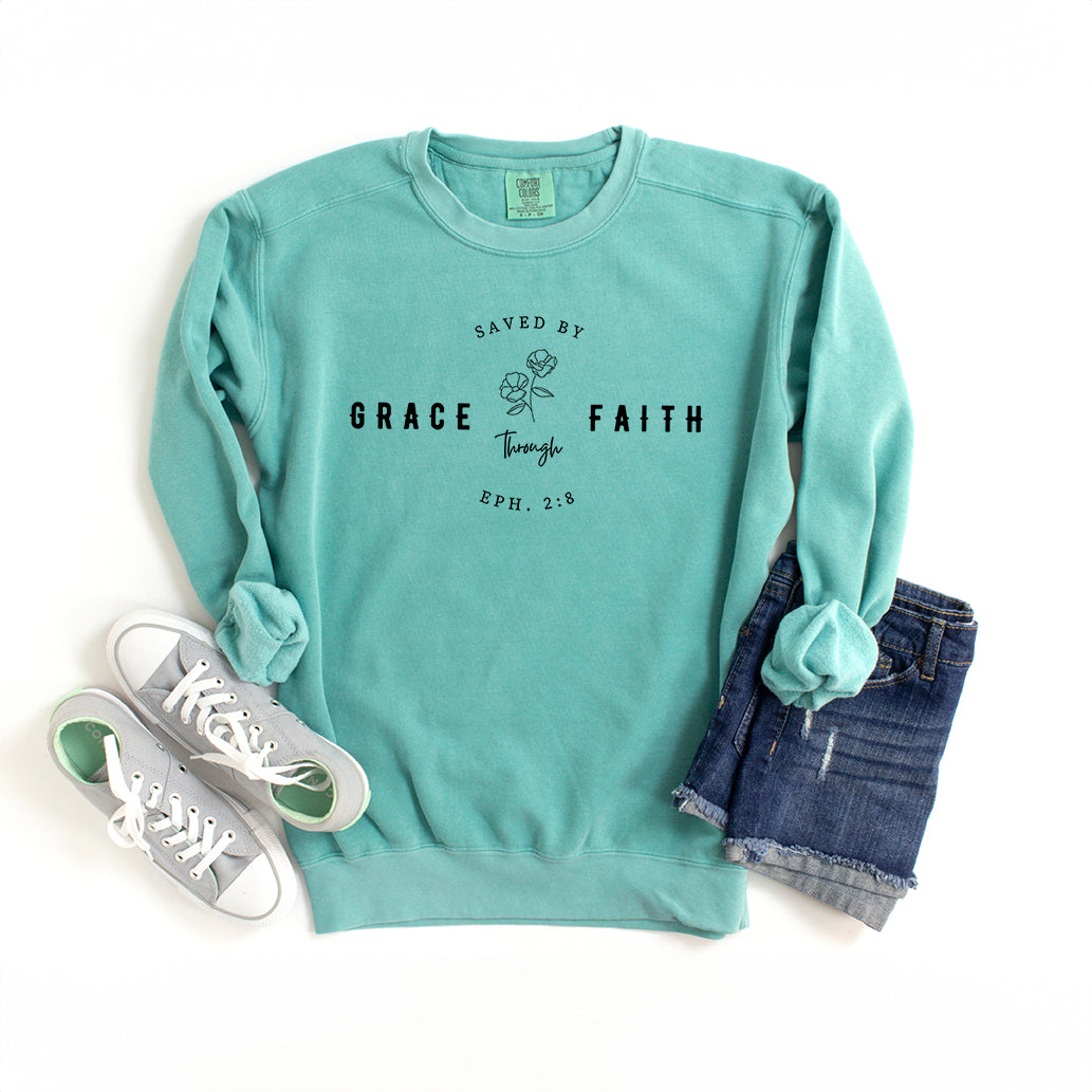Saved By Grace Through Faith Flower | Garment Dyed Sweatshirt