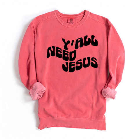 Retro Y'all Need Jesus Wavy | Garment Dyed Sweatshirt