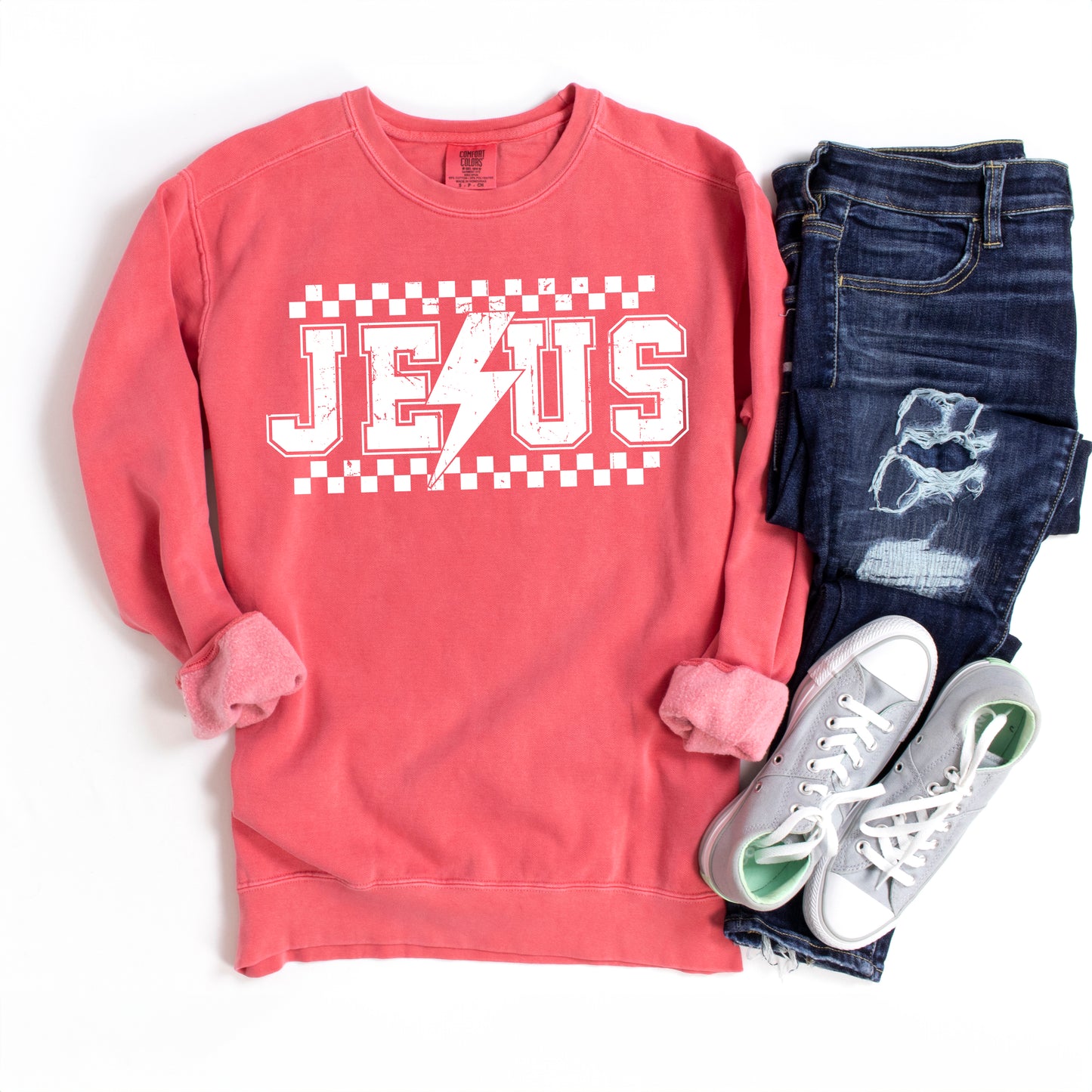 Jesus Checkered Bolt | Garment Dyed Sweatshirt