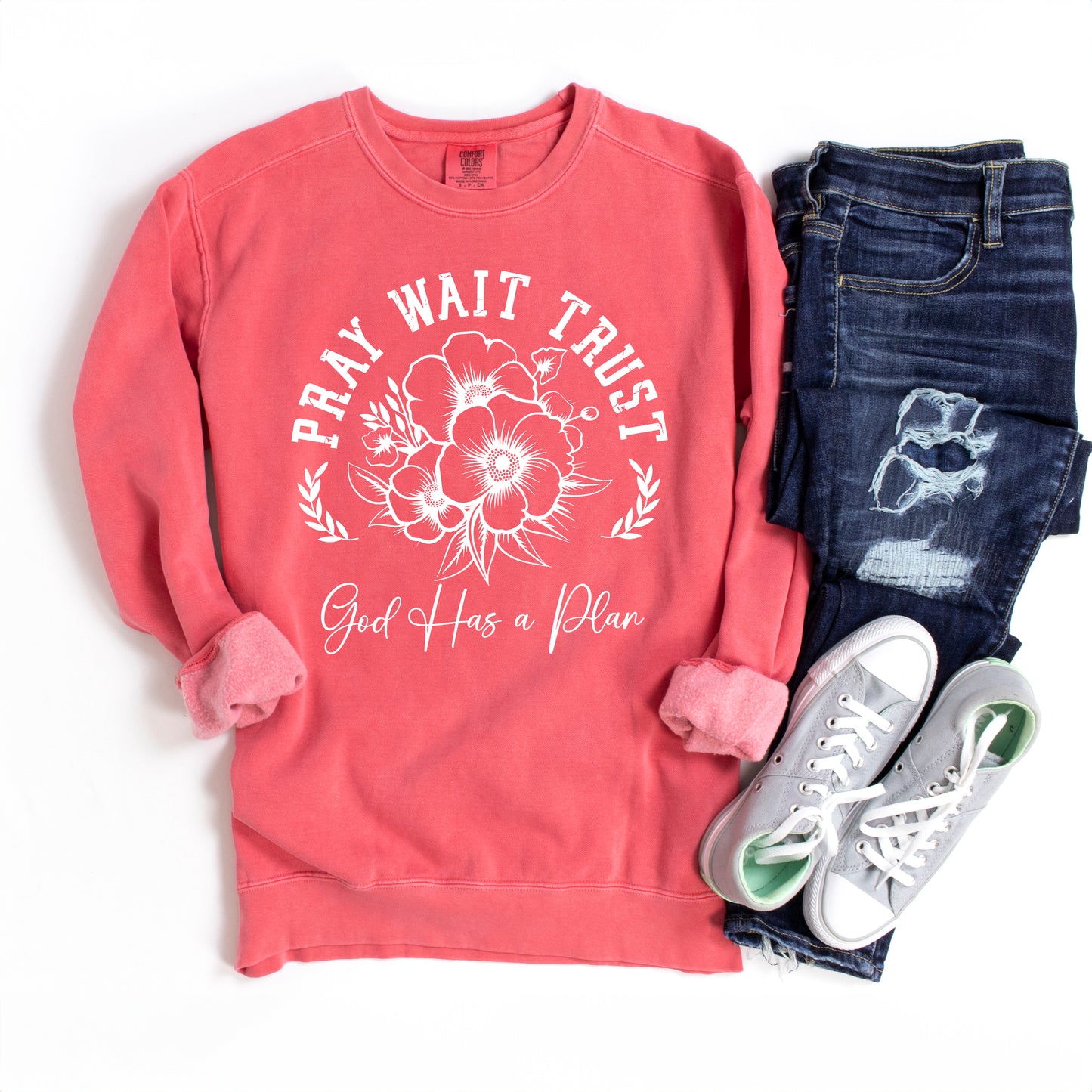 Pray Wait Trust Flowers | Garment Dyed Sweatshirt