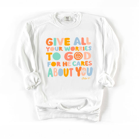 Give All Worries To God Smiley | Garment Dyed Sweatshirt