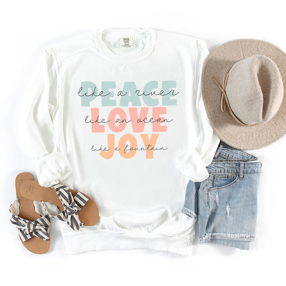 Peace Love Joy Colorful With Script | Garment Dyed Sweatshirt