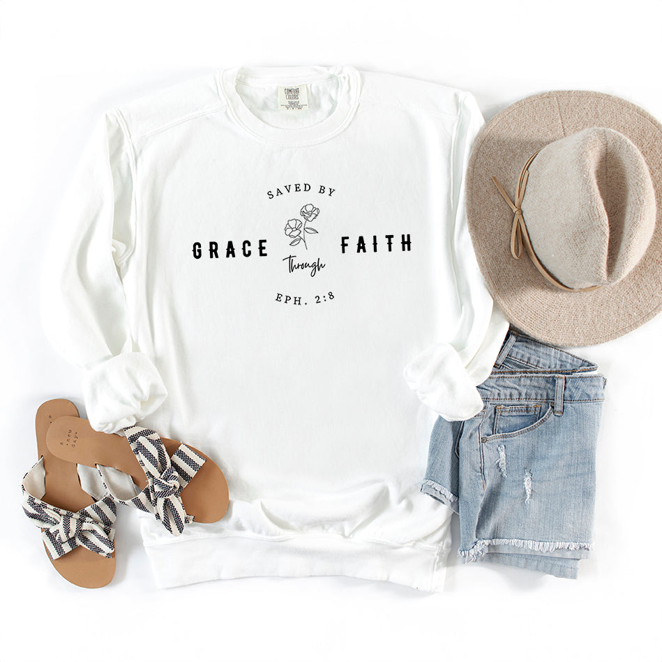 Saved By Grace Through Faith Flower | Garment Dyed Sweatshirt