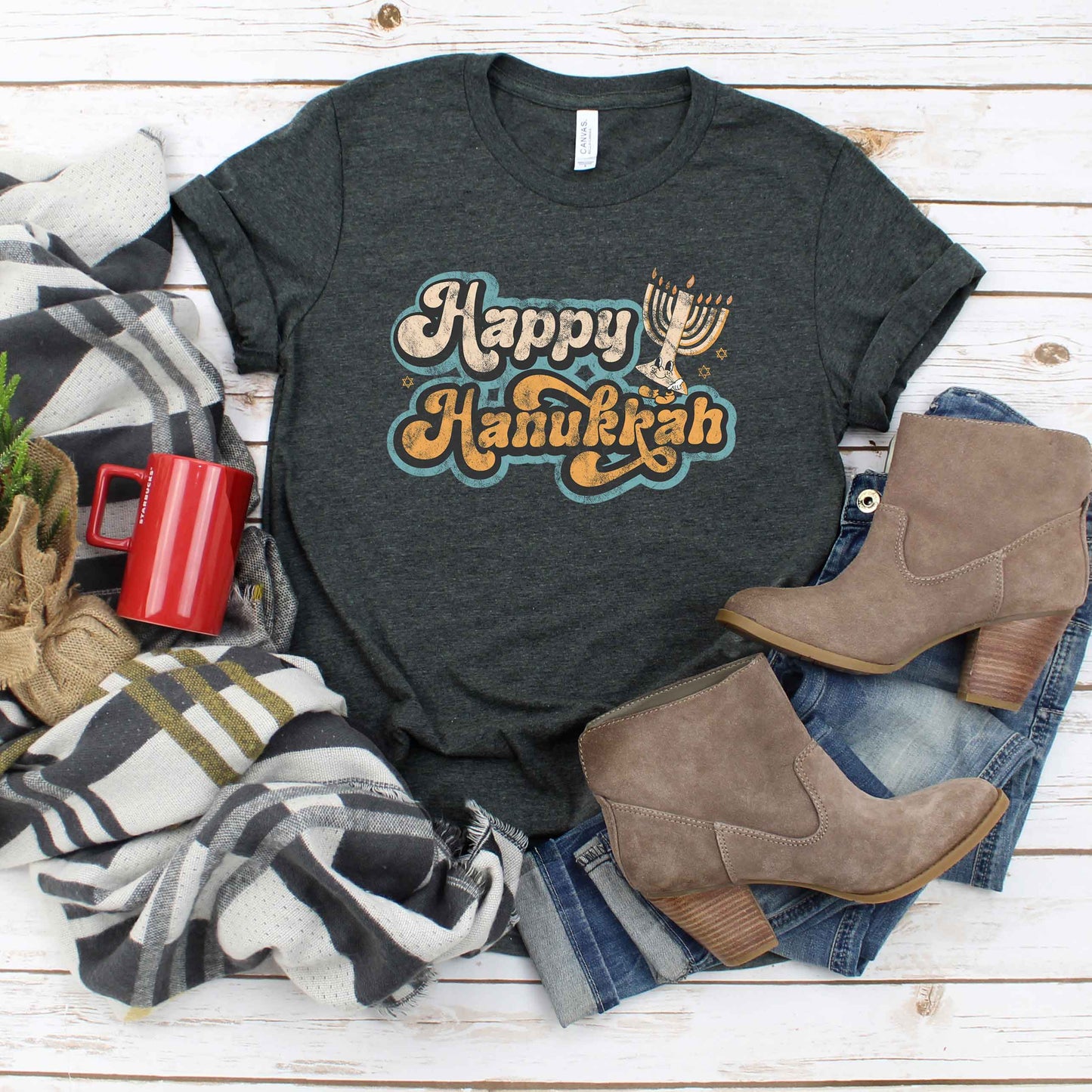 Retro Happy Hanukkah Distressed | Short Sleeve Crew Neck