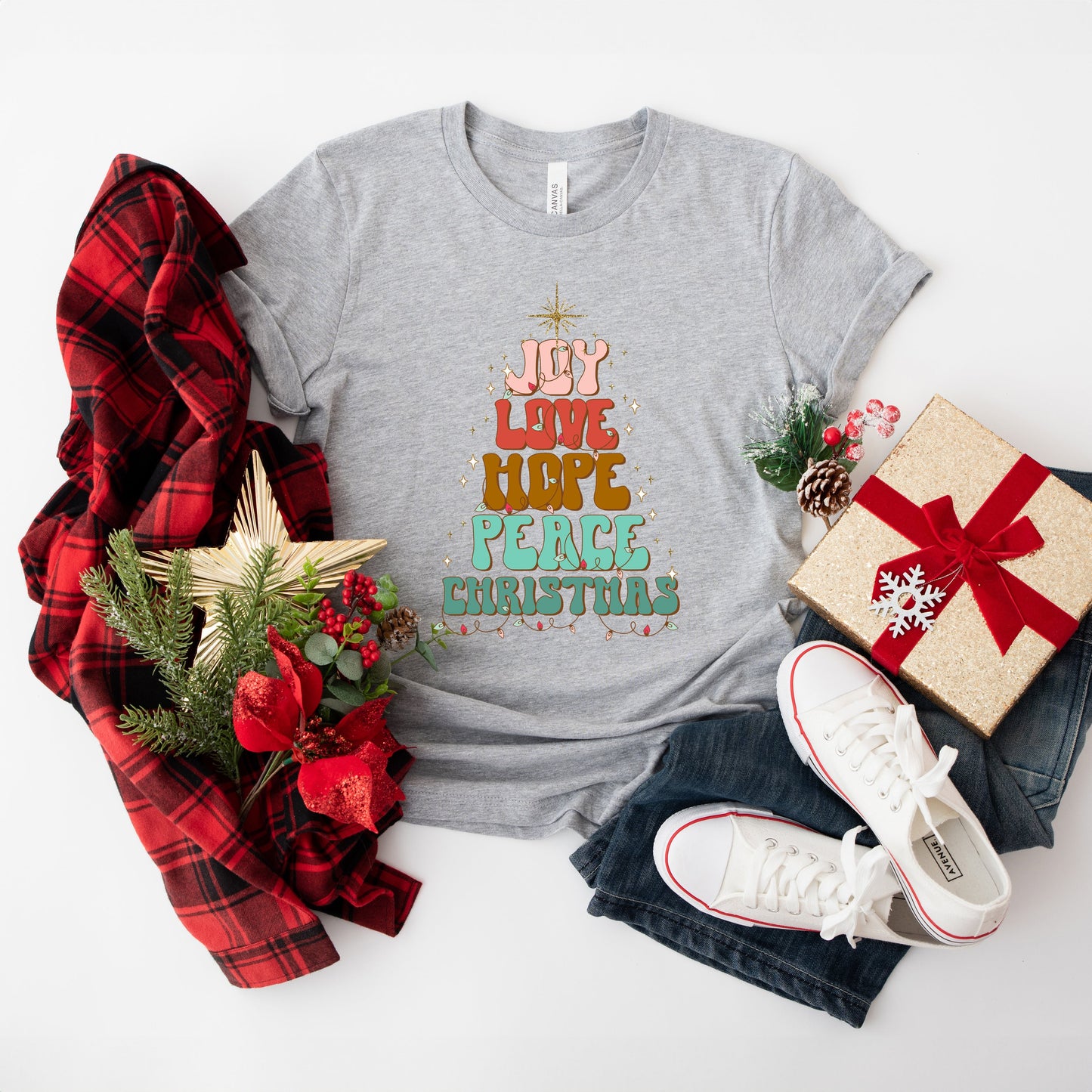 Joy Love Hope Peace Christmas Tree | Short Sleeve Crew Neck