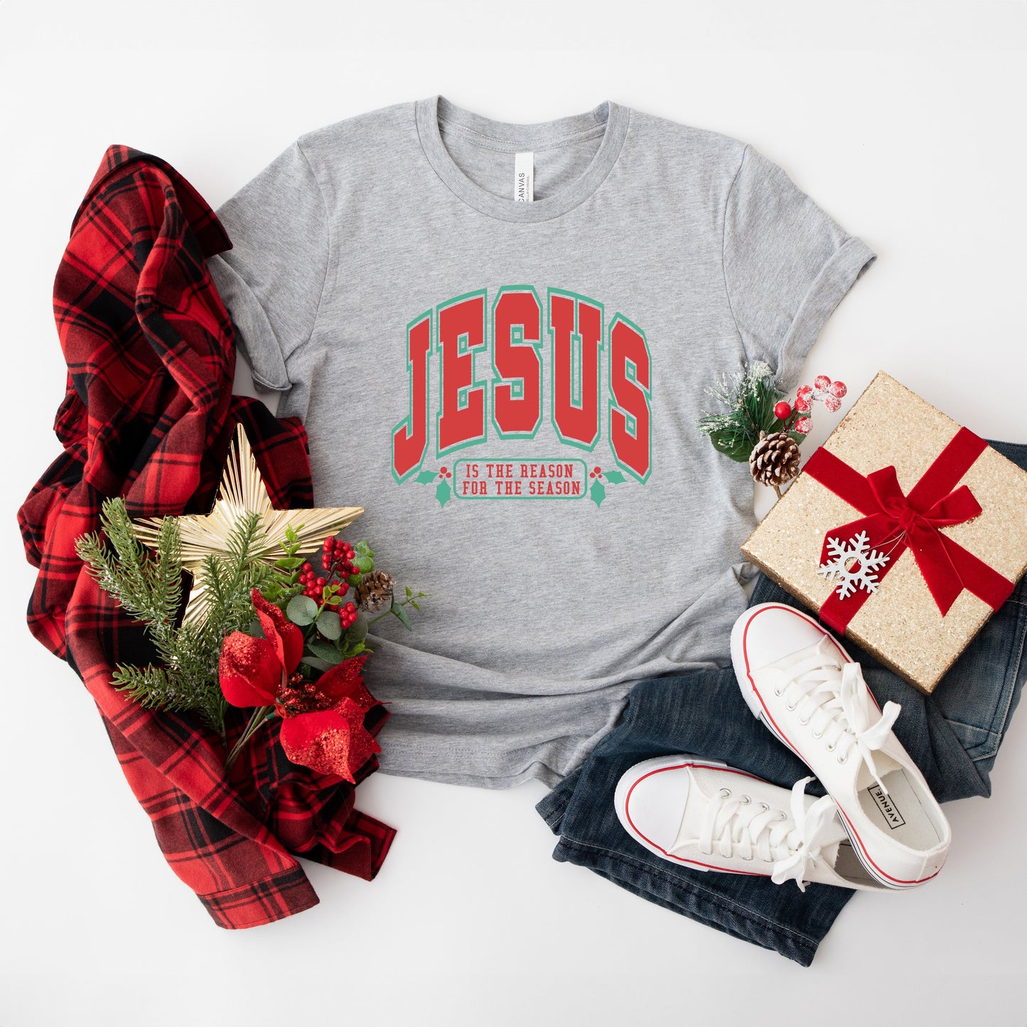 Red and Green Jesus Is The Reason | Short Sleeve Crew Neck