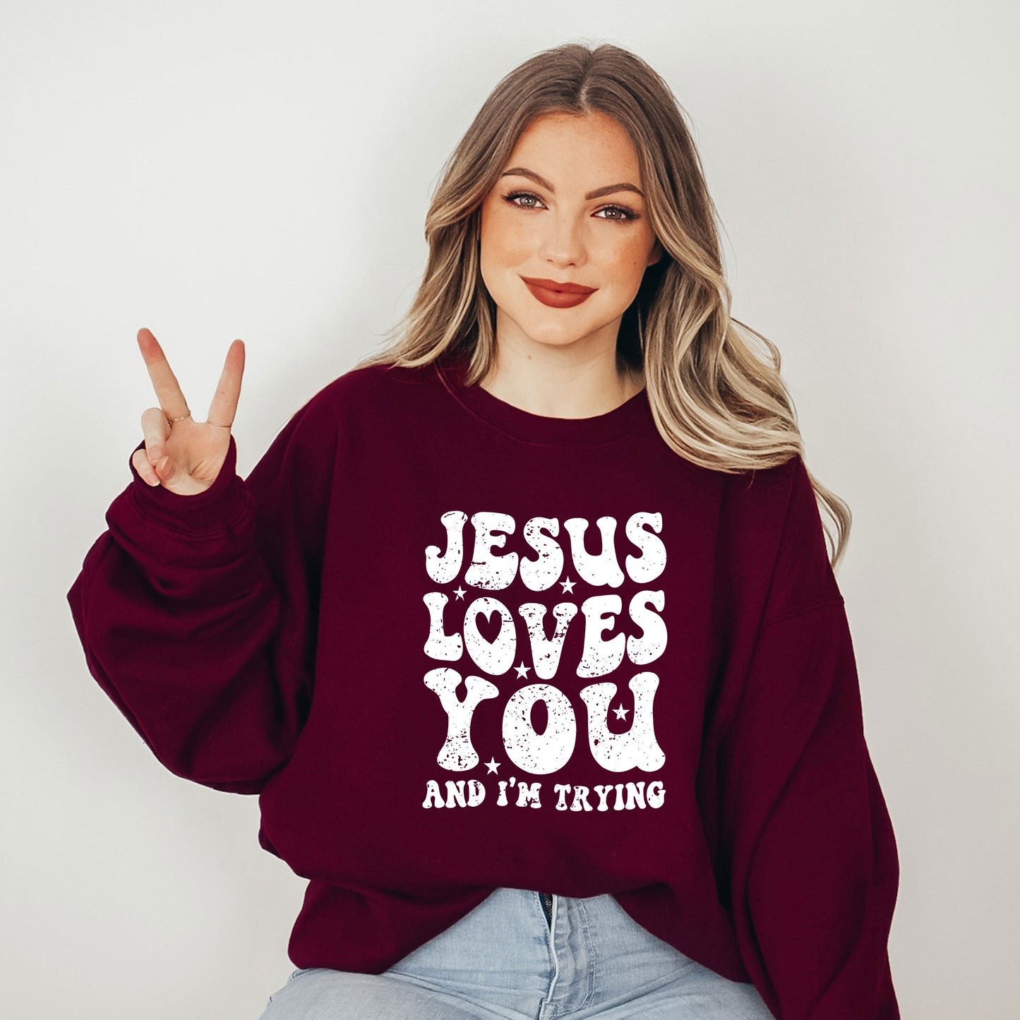 Jesus Loves I'm Trying Wavy | Sweatshirt