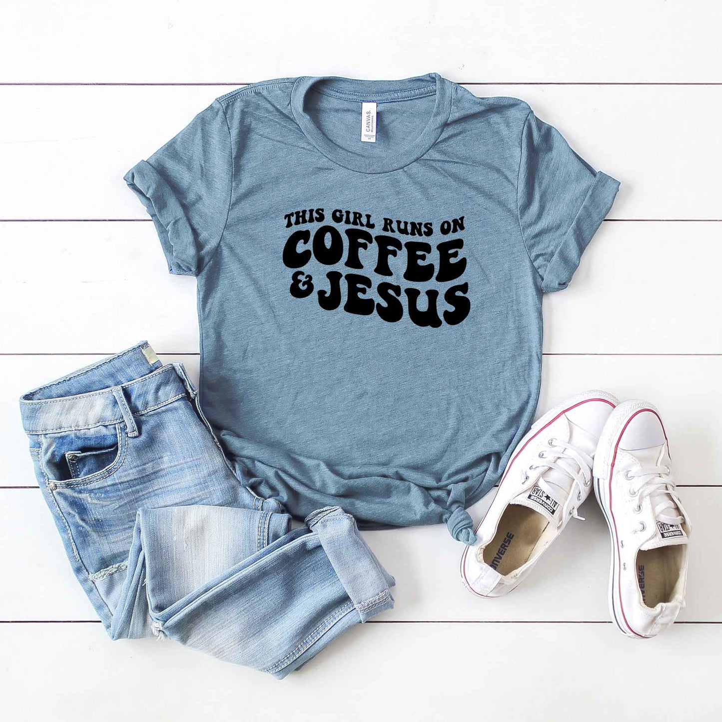This Girl Runs On Coffee And Jesus | Short Sleeve Crew Neck