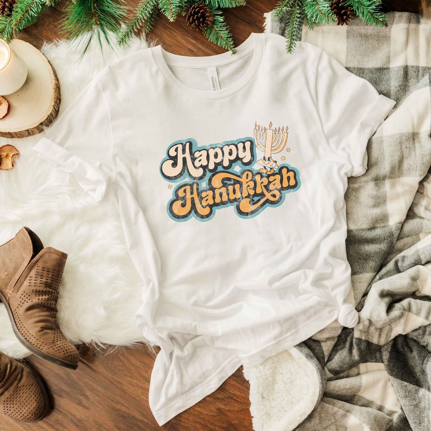 Retro Happy Hanukkah Distressed | Short Sleeve Crew Neck