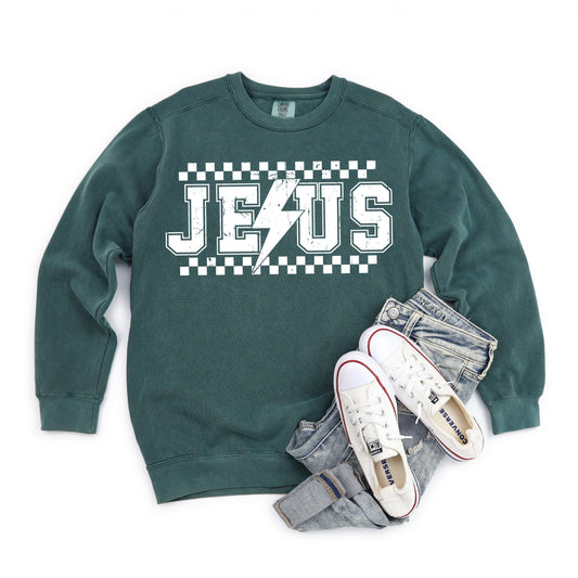 Jesus Checkered Bolt | Garment Dyed Sweatshirt