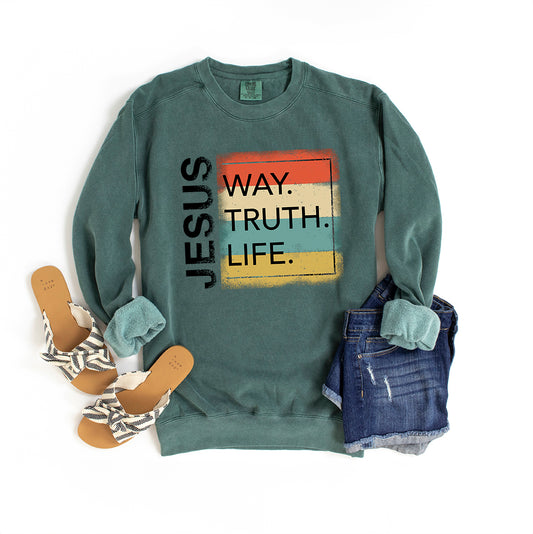 Jesus Way Truth Light Colorful | Garment Dyed Sweatshirt