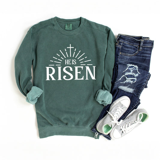 He Is Risen Cross In Sun Ray | Garment Dyed Sweatshirt