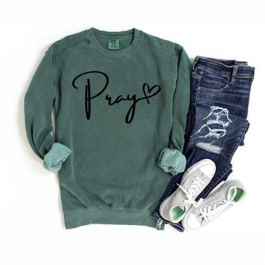Pray Cursive Heart | Garment Dyed Sweatshirt