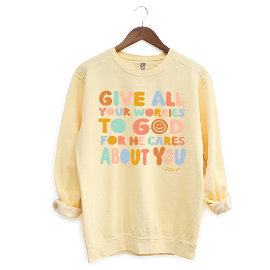 Give All Worries To God Smiley | Garment Dyed Sweatshirt
