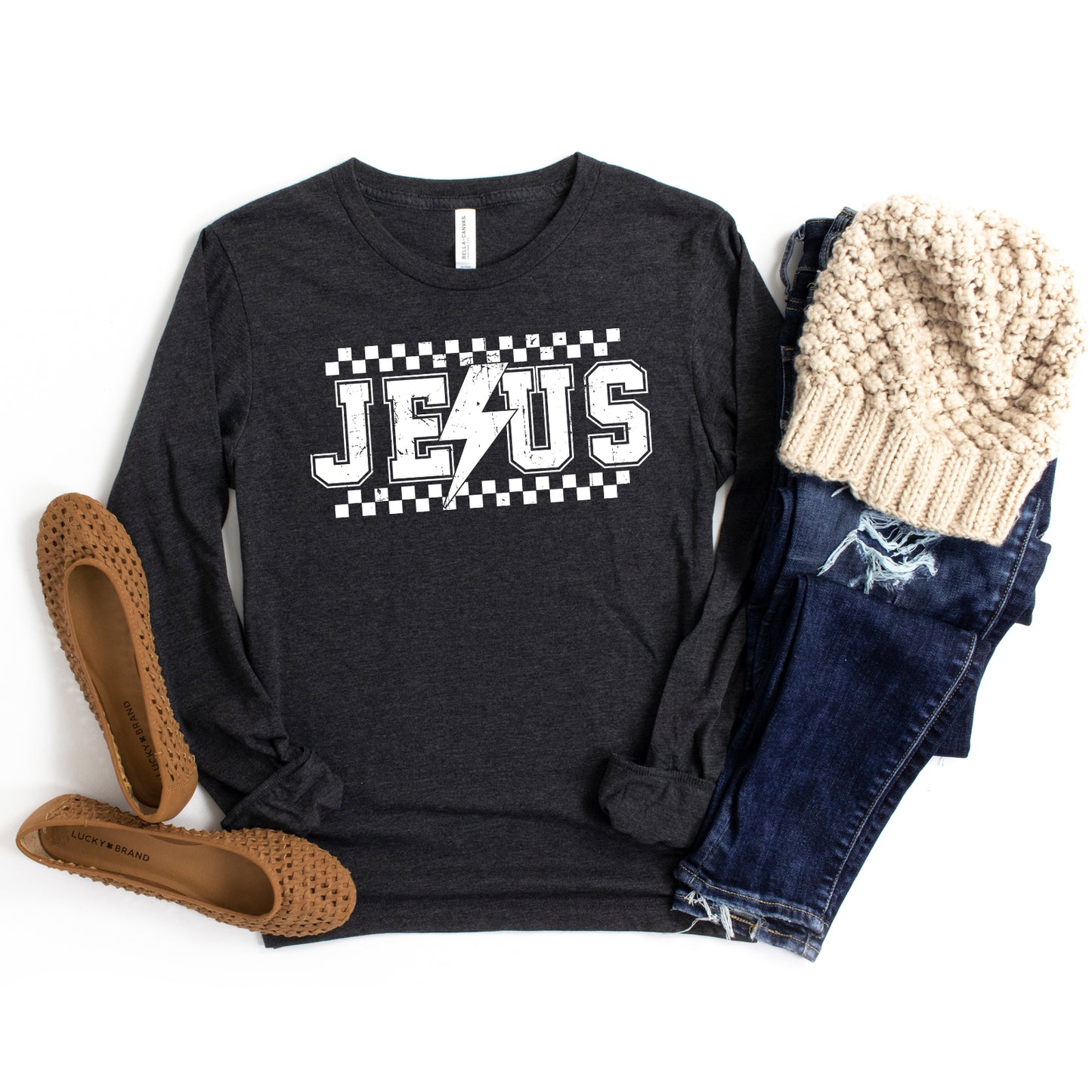 Jesus Checkered Bolt | Long Sleeve Crew Neck