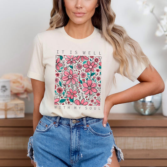 It Is Well Pink Flowers | Short Sleeve Crew Neck