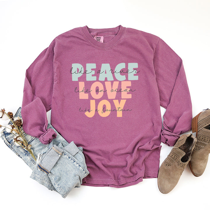 Peace Love Joy Colorful With Script | Garment Dyed Long Sleeve