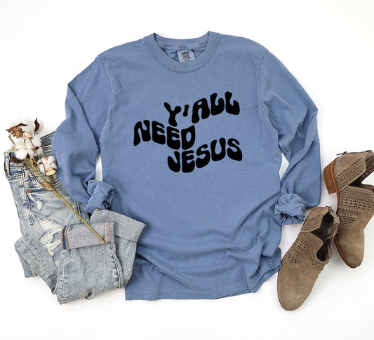 Retro Y'all Need Jesus Wavy | Garment Dyed Long Sleeve