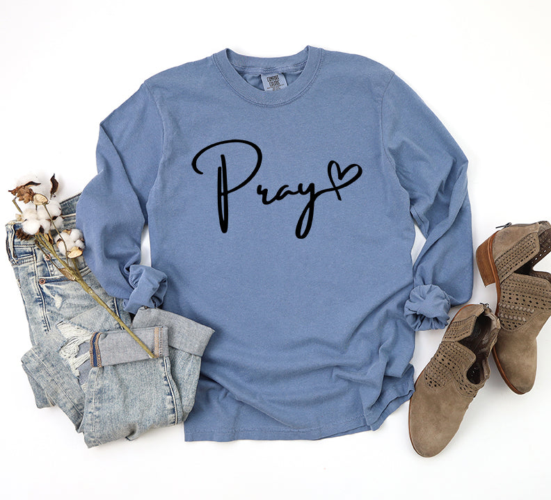 Pray Cursive Heart | Garment Dyed Long Sleeve