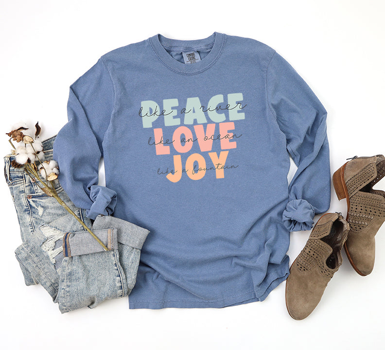 Peace Love Joy Colorful With Script | Garment Dyed Long Sleeve