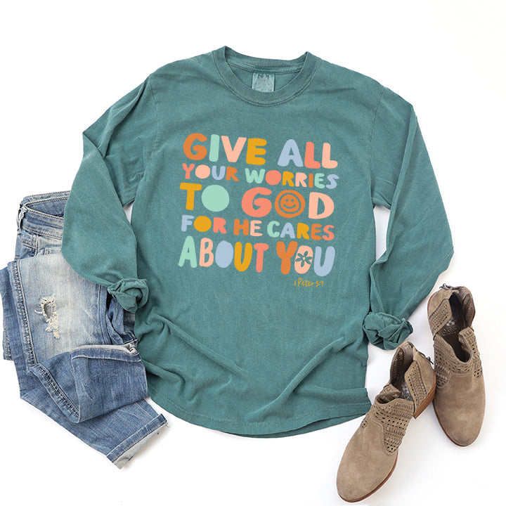 Give All Worries To God Smiley | Garment Dyed Long Sleeve