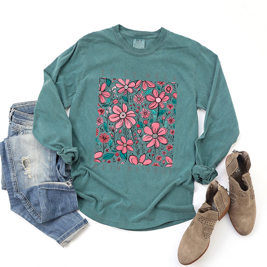 It Is Well Pink Flowers | Garment Dyed Long Sleeve