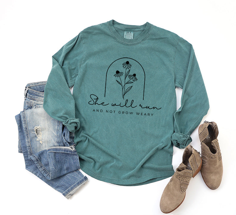 She Will Run Flowers | Garment Dyed Long Sleeve