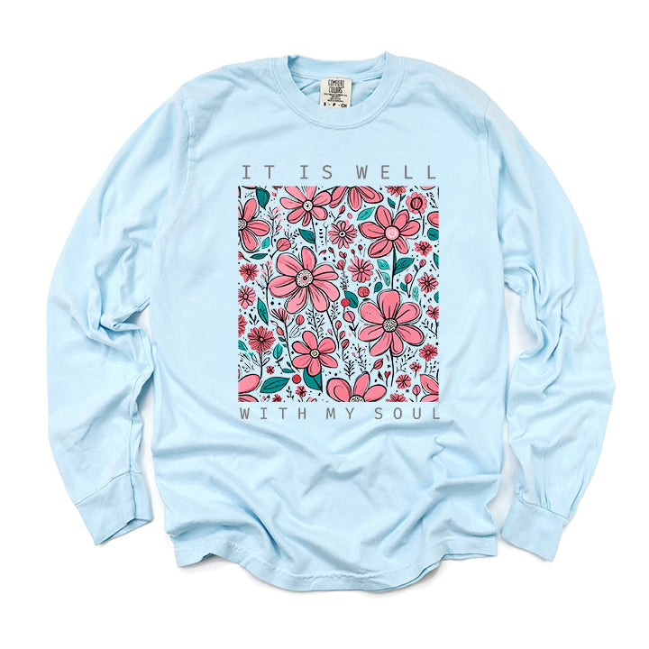 It Is Well Pink Flowers | Garment Dyed Long Sleeve