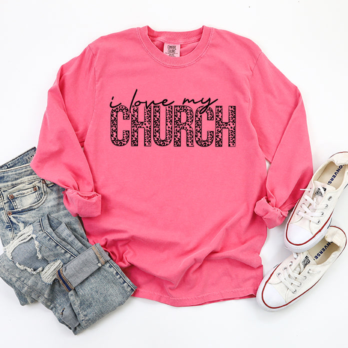 I Love My Church Leopard | Garment Dyed Long Sleeve