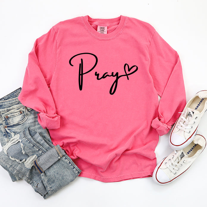 Pray Cursive Heart | Garment Dyed Long Sleeve