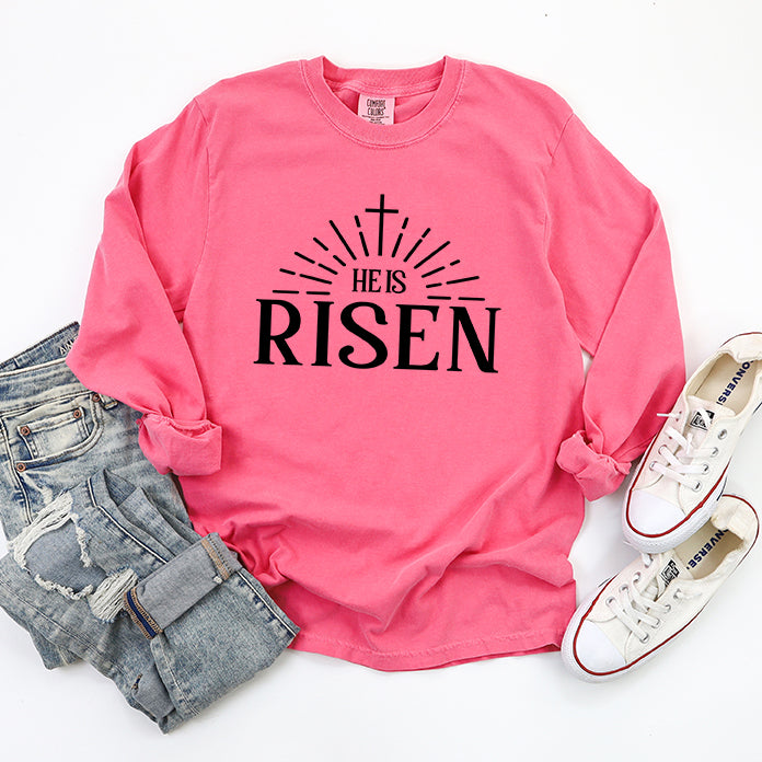 He Is Risen Cross In Sun Ray | Garment Dyed Long Sleeve