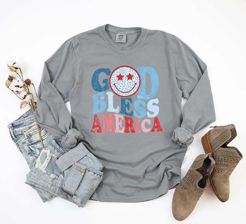 God Bless America Smiley | Garment Dyed Long Sleeve