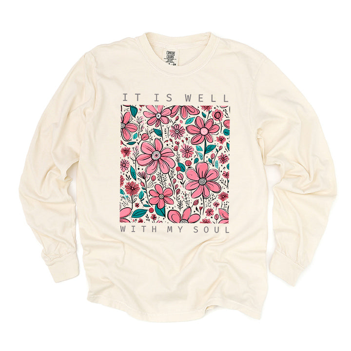 It Is Well Pink Flowers | Garment Dyed Long Sleeve