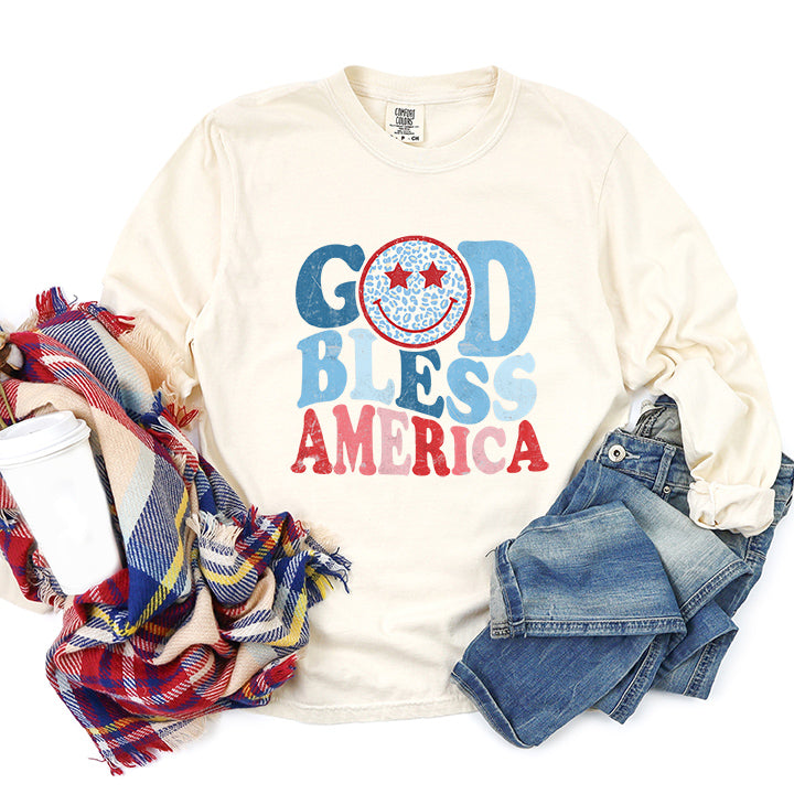 God Bless America Smiley | Garment Dyed Long Sleeve