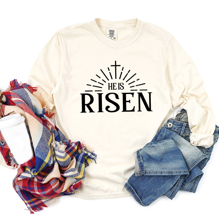 He Is Risen Cross In Sun Ray | Garment Dyed Long Sleeve