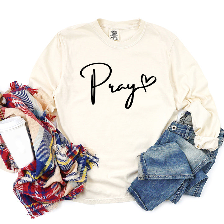 Pray Cursive Heart | Garment Dyed Long Sleeve